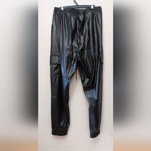 Black Faux Leather Cargo Joggers-Pants - Picture 3 of 9